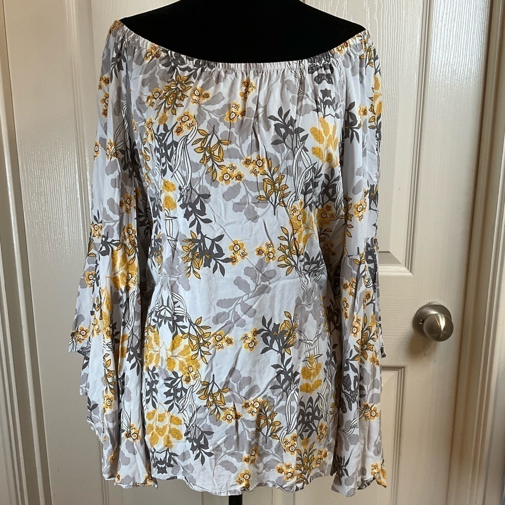 FEVER Womens Boho Yellow Floral Bell Sleeve Short Size M